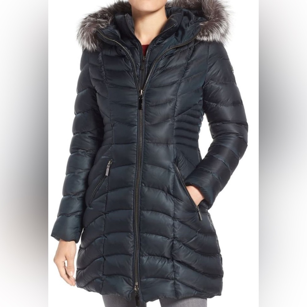 Dawn Levy Navy Puffer Coat with Faux Fur Hood
